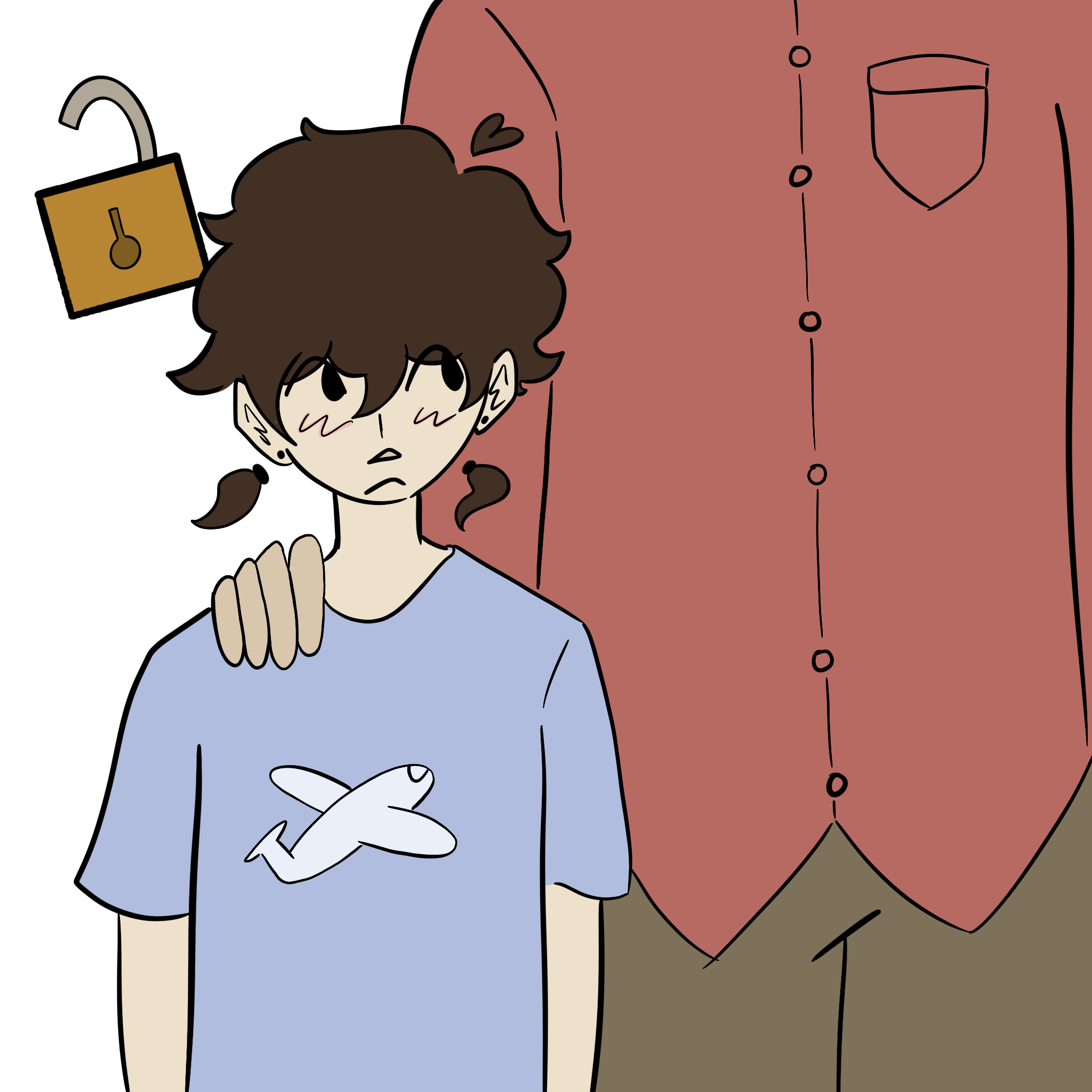 a small kid with brown hair in pigtails with a light blue airplane shirt standing next to a taller, faceless adult in a red flannel and olive pants who has their hand on the kid's shoulder. a golden, open lock is in the backgroundf=